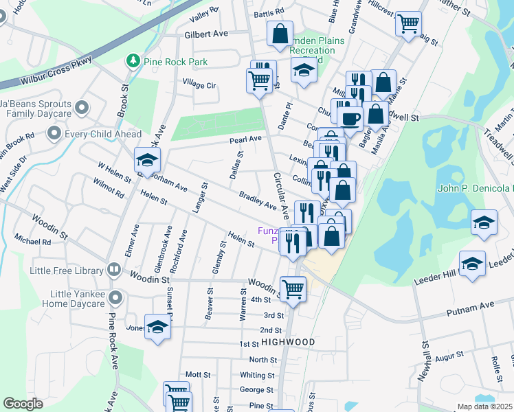 map of restaurants, bars, coffee shops, grocery stores, and more near 36 Bradley Avenue in Hamden