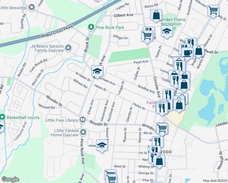 map of restaurants, bars, coffee shops, grocery stores, and more near 193 Helen Street in Hamden