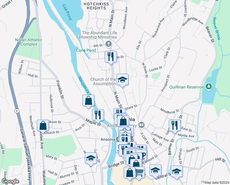 map of restaurants, bars, coffee shops, grocery stores, and more near 55 North Cliff Street in Ansonia
