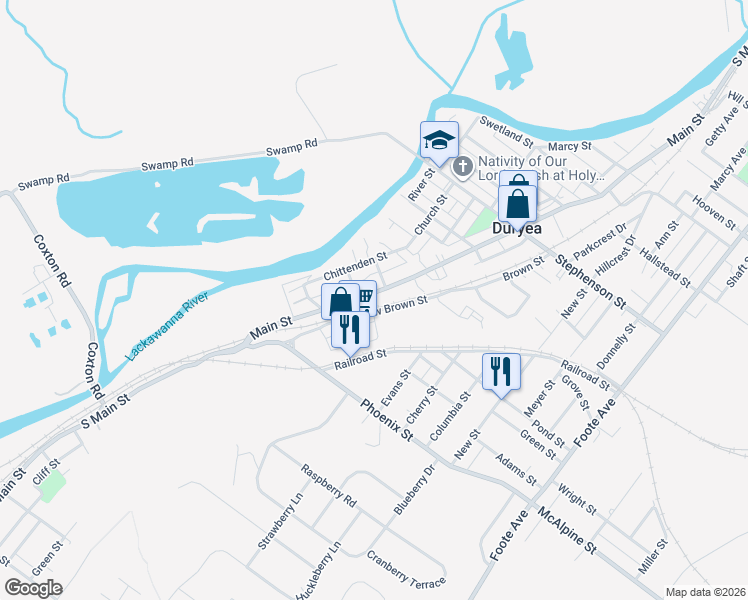 map of restaurants, bars, coffee shops, grocery stores, and more near 400-408 New Brown St in Duryea