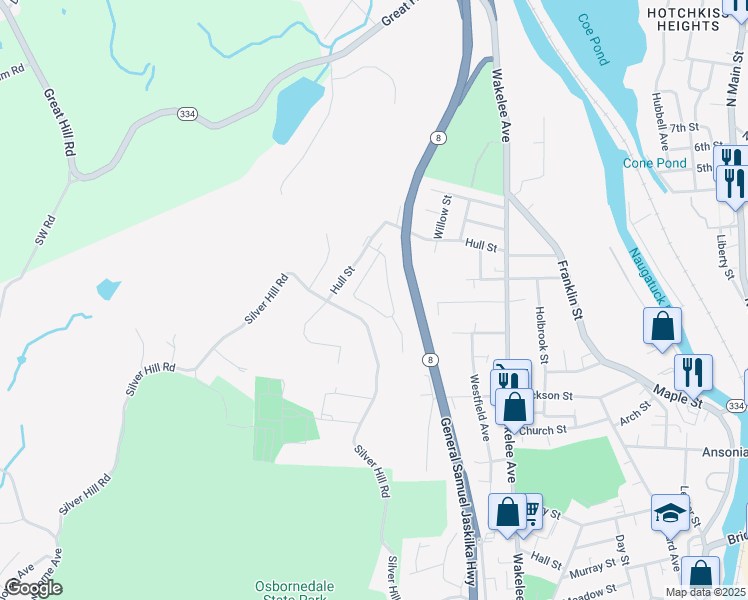 map of restaurants, bars, coffee shops, grocery stores, and more near 50 Webb Terrace in Ansonia