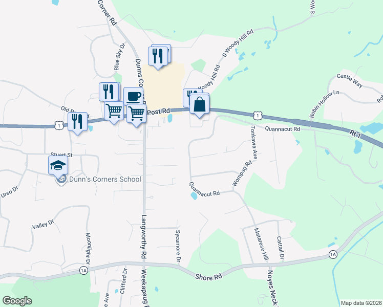 map of restaurants, bars, coffee shops, grocery stores, and more near 73A Quannacut Rd in Westerly