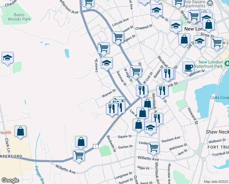 map of restaurants, bars, coffee shops, grocery stores, and more near 14 Warren Street in New London