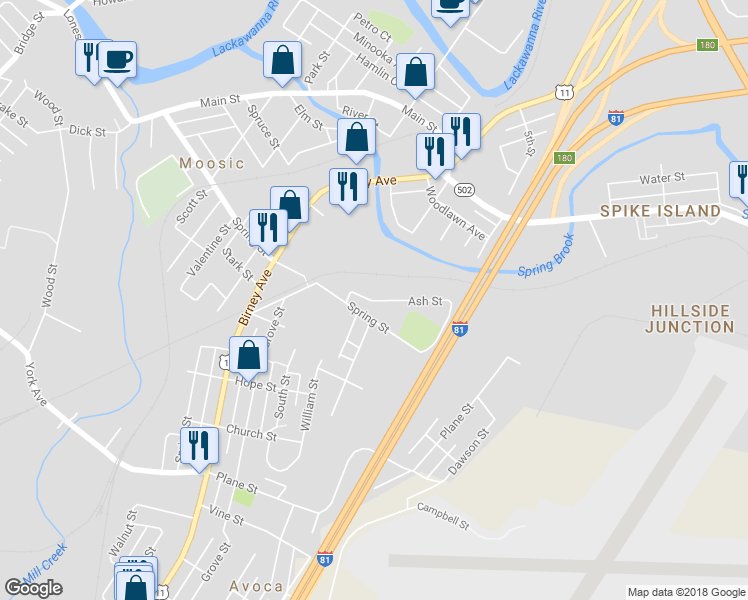 map of restaurants, bars, coffee shops, grocery stores, and more near 985 Ash Street in Moosic