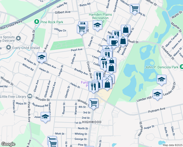 map of restaurants, bars, coffee shops, grocery stores, and more near 95 Circular Avenue in Hamden