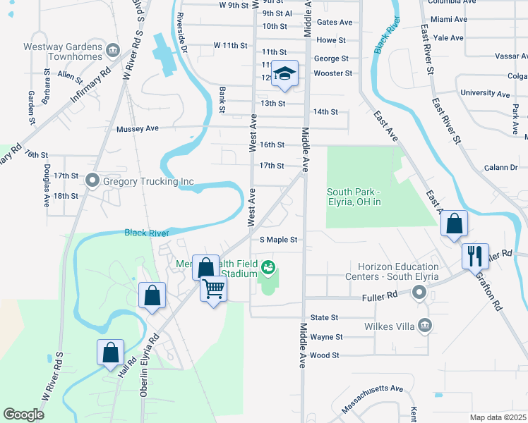map of restaurants, bars, coffee shops, grocery stores, and more near 241 Oberlin Road in Elyria
