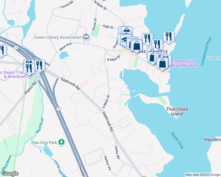map of restaurants, bars, coffee shops, grocery stores, and more near 55 South Main Street in Essex