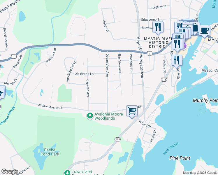 map of restaurants, bars, coffee shops, grocery stores, and more near 150 Ocean View Avenue in Groton