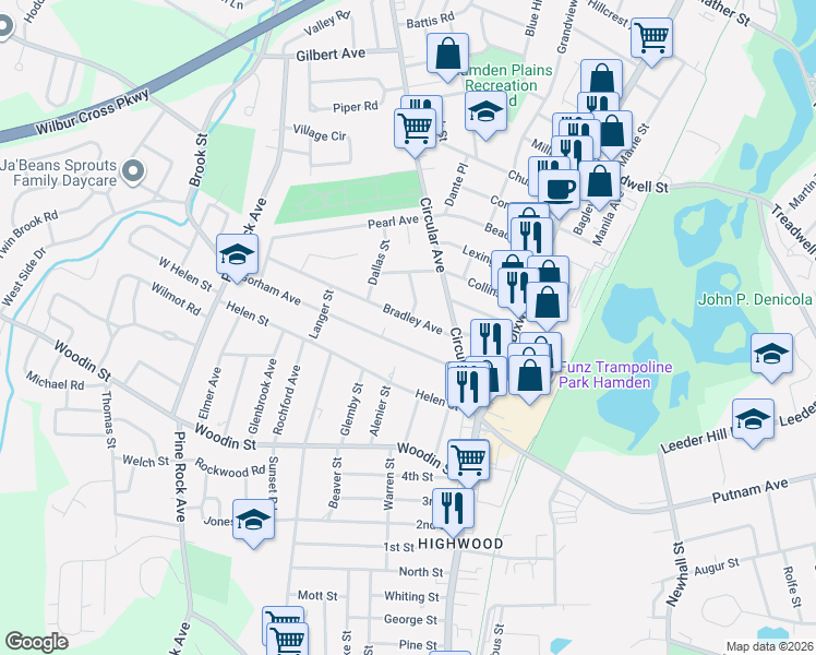 map of restaurants, bars, coffee shops, grocery stores, and more near 36 Bradley Avenue in Hamden