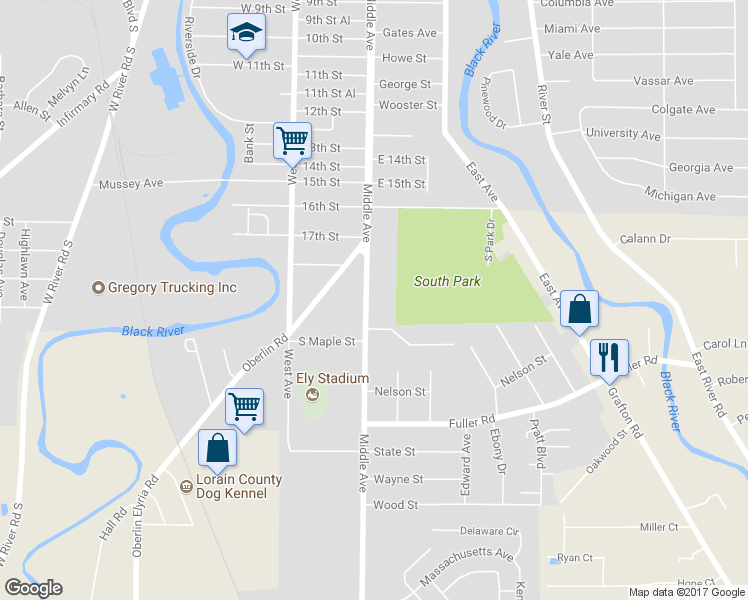 map of restaurants, bars, coffee shops, grocery stores, and more near 1832 Middle Ave in Elyria