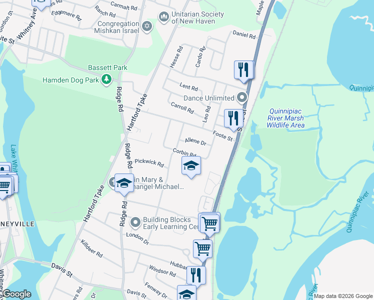 map of restaurants, bars, coffee shops, grocery stores, and more near 111 Corbin Road in Hamden
