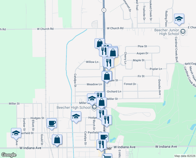 map of restaurants, bars, coffee shops, grocery stores, and more near 520 Country Lane in Beecher