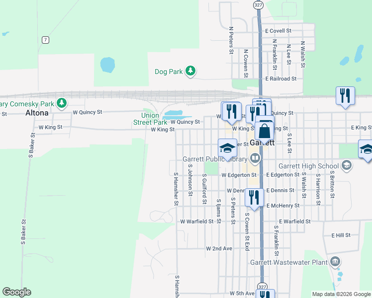 map of restaurants, bars, coffee shops, grocery stores, and more near 207 South Johnson Street in Garrett