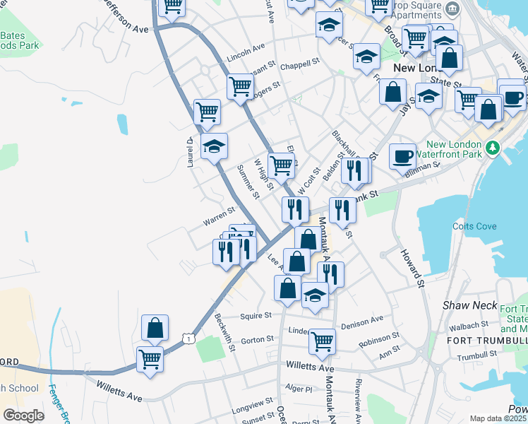 map of restaurants, bars, coffee shops, grocery stores, and more near 36 Summer Street in New London