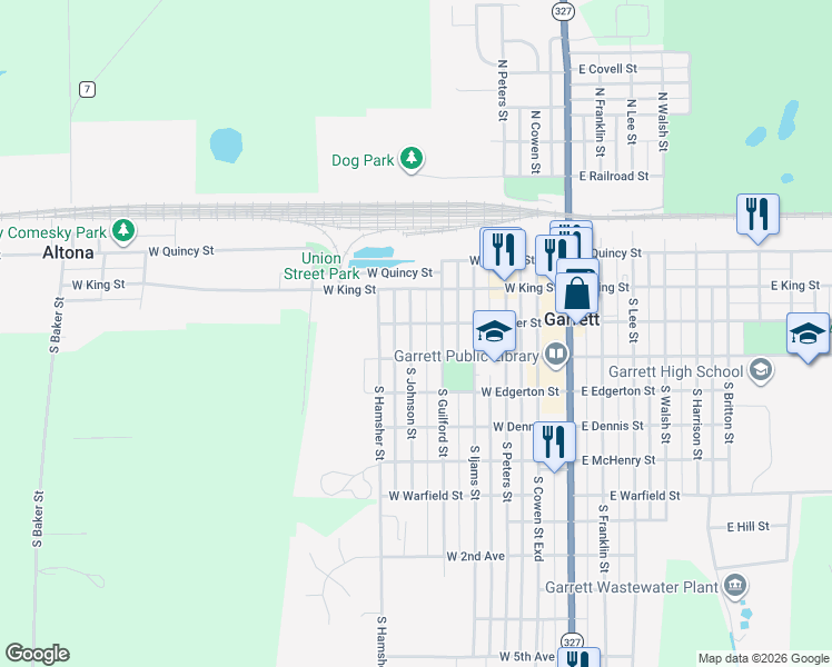 map of restaurants, bars, coffee shops, grocery stores, and more near 207 South Johnson Street in Garrett
