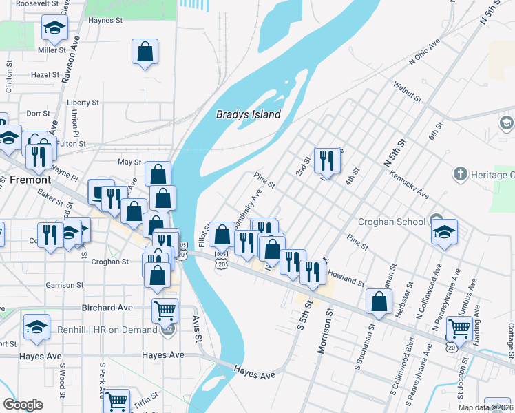 map of restaurants, bars, coffee shops, grocery stores, and more near 319 Sandusky Ave in Fremont