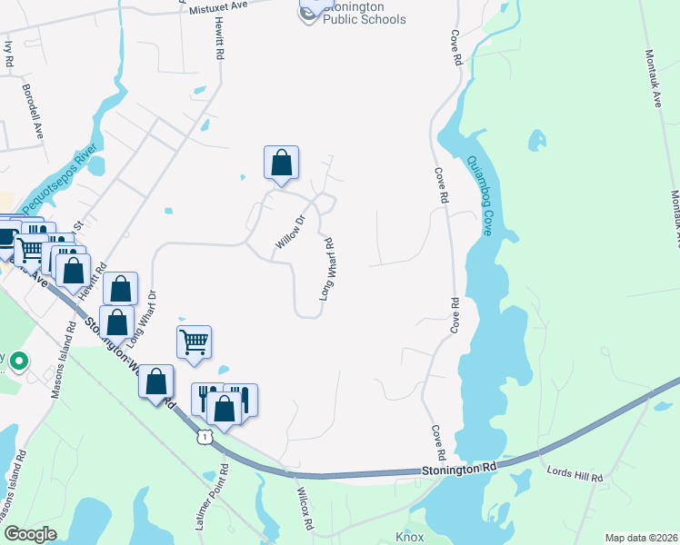 map of restaurants, bars, coffee shops, grocery stores, and more near 200 Long Wharf Road in Stonington