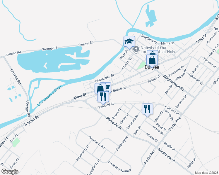 map of restaurants, bars, coffee shops, grocery stores, and more near 400-408 New Brown St in Duryea