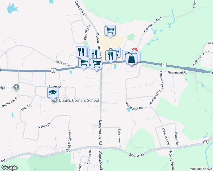 map of restaurants, bars, coffee shops, grocery stores, and more near 7 Greene Court in Westerly