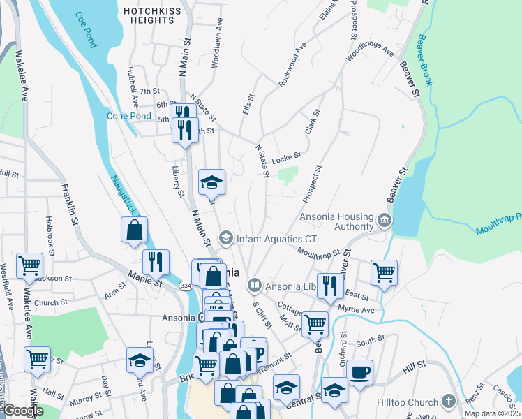 map of restaurants, bars, coffee shops, grocery stores, and more near 32 Pleasant Street in Ansonia