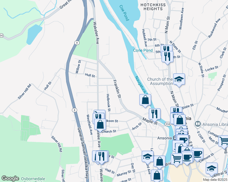 map of restaurants, bars, coffee shops, grocery stores, and more near 69 1/2 Franklin Street in Ansonia