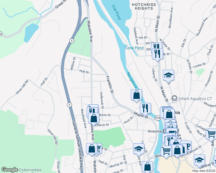 map of restaurants, bars, coffee shops, grocery stores, and more near 71 Franklin Street in Ansonia