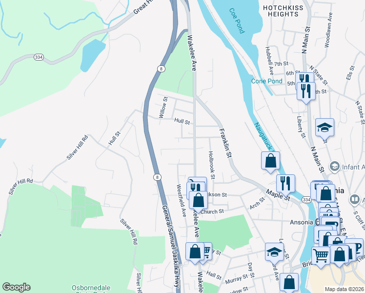 map of restaurants, bars, coffee shops, grocery stores, and more near 16 Dwight Street in Ansonia