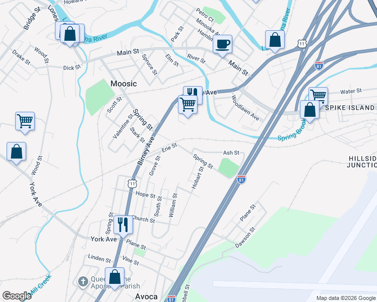 map of restaurants, bars, coffee shops, grocery stores, and more near 905 Spring Street in Moosic