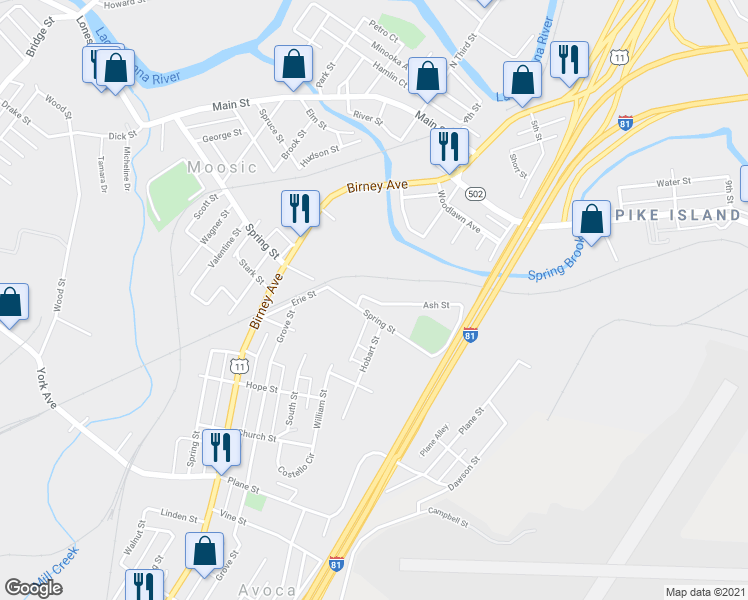map of restaurants, bars, coffee shops, grocery stores, and more near 957 Ash Street in Moosic