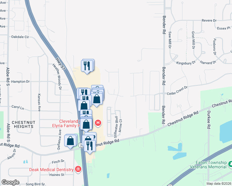 map of restaurants, bars, coffee shops, grocery stores, and more near 101 Carriage Ct in Elyria