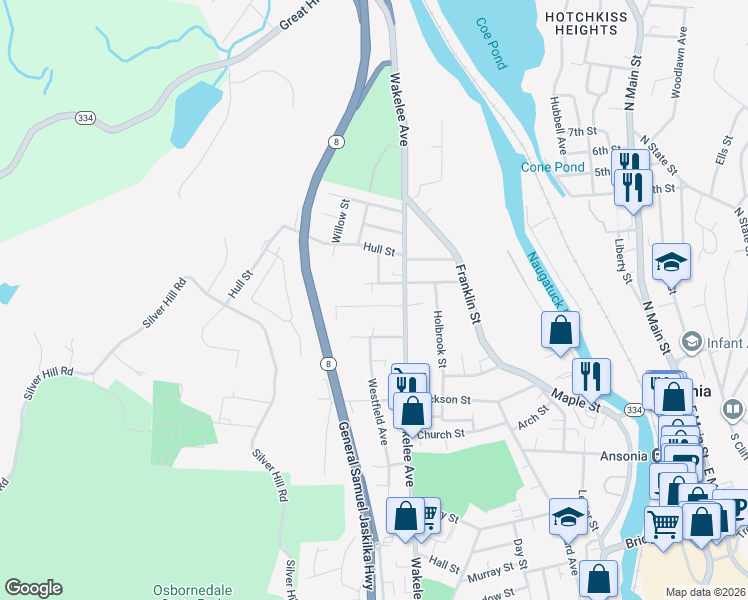 map of restaurants, bars, coffee shops, grocery stores, and more near 16 Dwight Street in Ansonia