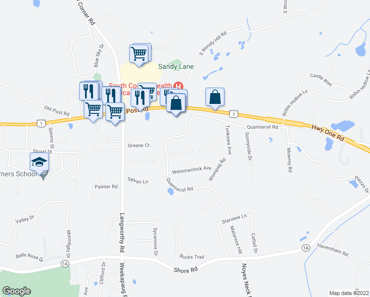 map of restaurants, bars, coffee shops, grocery stores, and more near 10A Coastal Court in Westerly