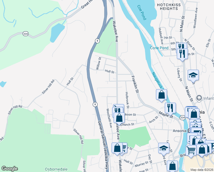 map of restaurants, bars, coffee shops, grocery stores, and more near 24 Dwight Street in Ansonia