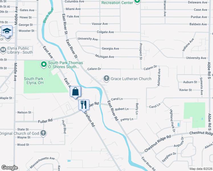 map of restaurants, bars, coffee shops, grocery stores, and more near 9705 E River Rd in Elyria