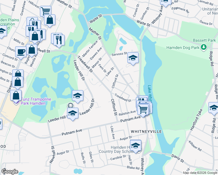 map of restaurants, bars, coffee shops, grocery stores, and more near 111 Treadwell Street in Hamden