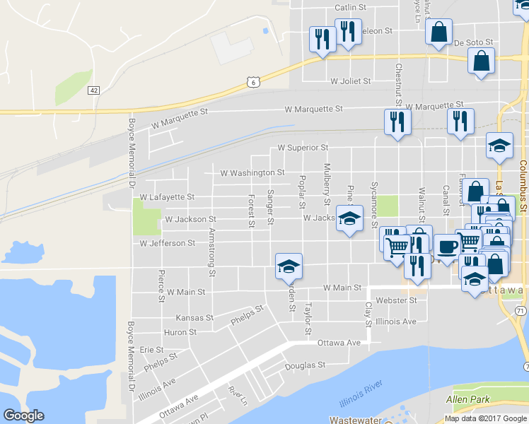 map of restaurants, bars, coffee shops, grocery stores, and more near 1208 West Jackson Street in Ottawa