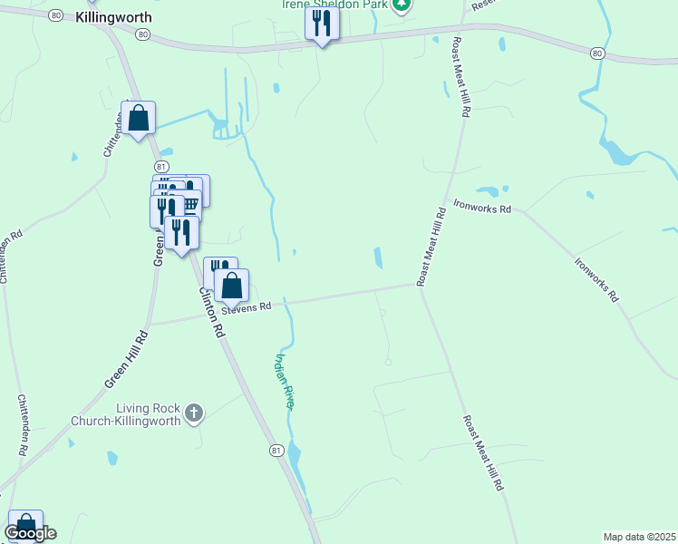 map of restaurants, bars, coffee shops, grocery stores, and more near 19 Stevens Road in Killingworth