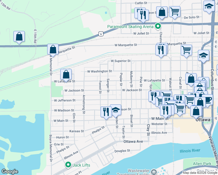 map of restaurants, bars, coffee shops, grocery stores, and more near 1208 West Jackson Street in Ottawa