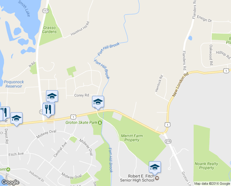map of restaurants, bars, coffee shops, grocery stores, and more near 214 Fort Hill Road in Groton