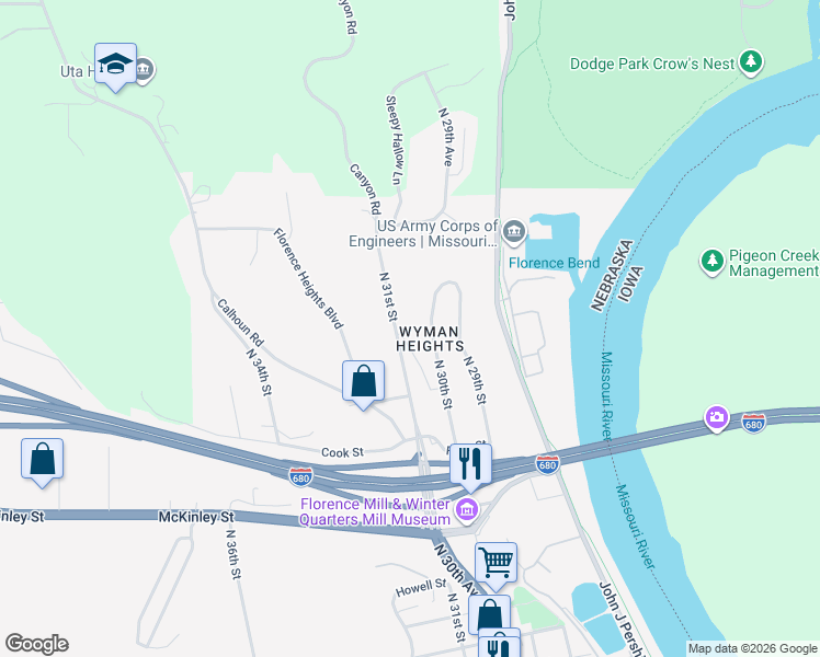 map of restaurants, bars, coffee shops, grocery stores, and more near 9654 North 31st Street in Omaha