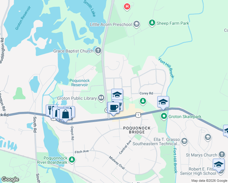 map of restaurants, bars, coffee shops, grocery stores, and more near 15 Indian Field Road in Groton