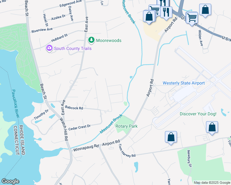 map of restaurants, bars, coffee shops, grocery stores, and more near 8 Eddy Drive in Westerly