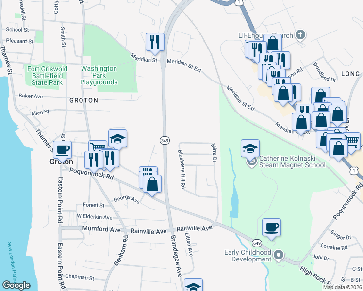 map of restaurants, bars, coffee shops, grocery stores, and more near 16 Washington Drive in Groton