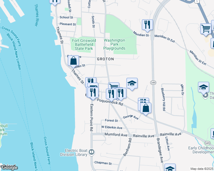 map of restaurants, bars, coffee shops, grocery stores, and more near 63 Denison Avenue in Groton