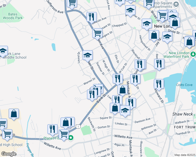 map of restaurants, bars, coffee shops, grocery stores, and more near 14 Warren Street in New London