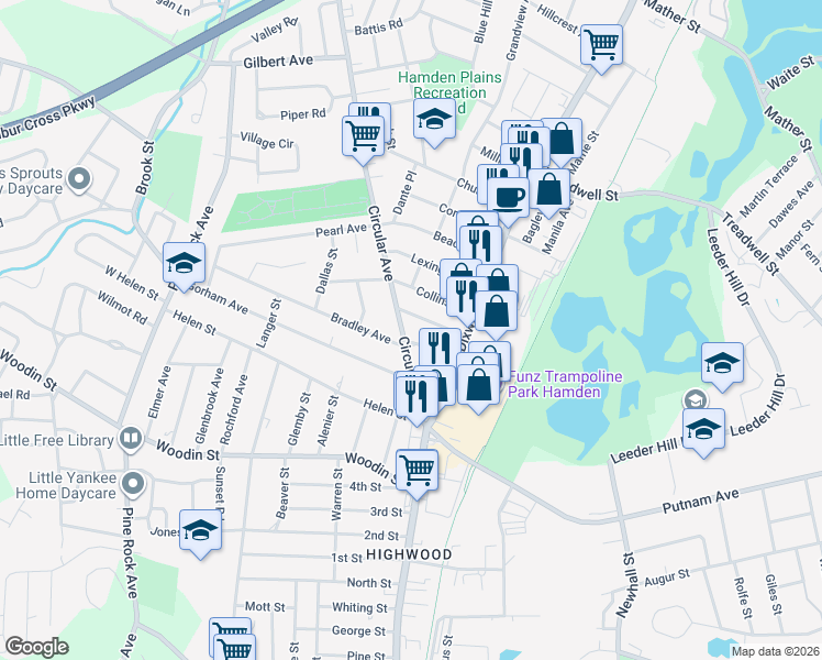 map of restaurants, bars, coffee shops, grocery stores, and more near 95 Circular Avenue in Hamden