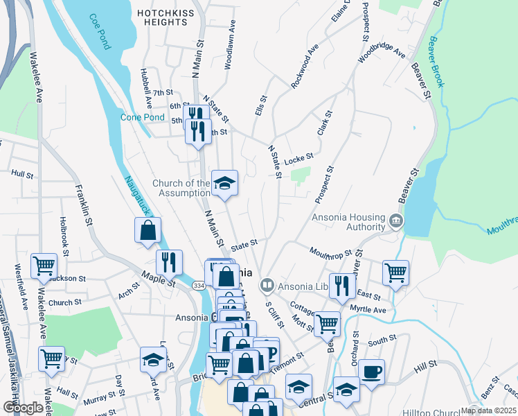 map of restaurants, bars, coffee shops, grocery stores, and more near 32 Pleasant Street in Ansonia