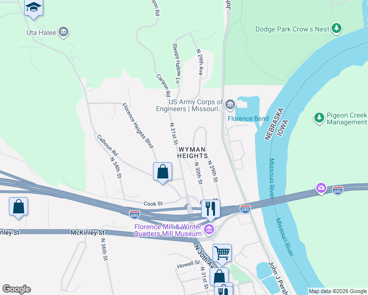 map of restaurants, bars, coffee shops, grocery stores, and more near 9654 North 31st Street in Omaha