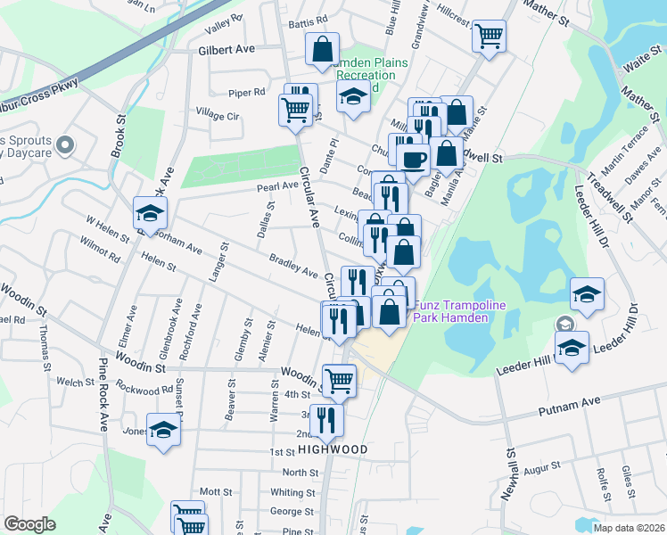 map of restaurants, bars, coffee shops, grocery stores, and more near 95 Circular Avenue in Hamden