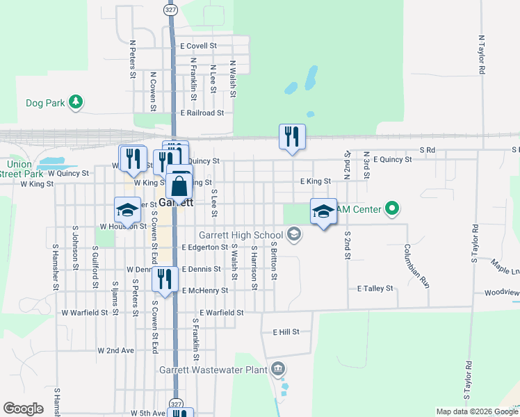map of restaurants, bars, coffee shops, grocery stores, and more near 208 South Harrison Street in Garrett